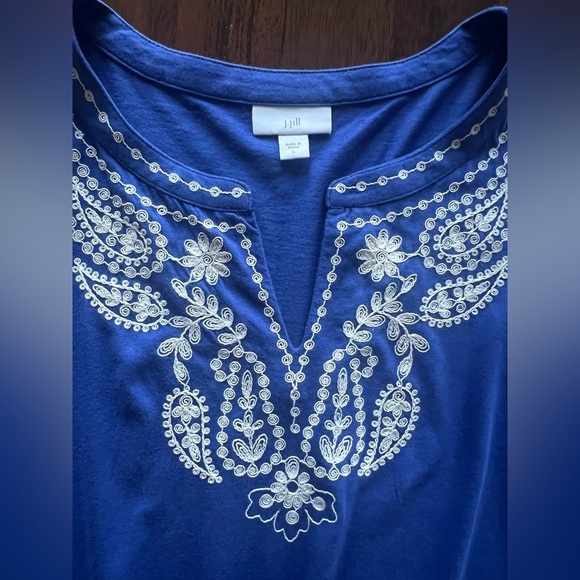J. Jill Blue Embroidered Split Neck Tunic Top Size L Boho 3/4 Sleeve Royal Blue - Picture 8 of 9